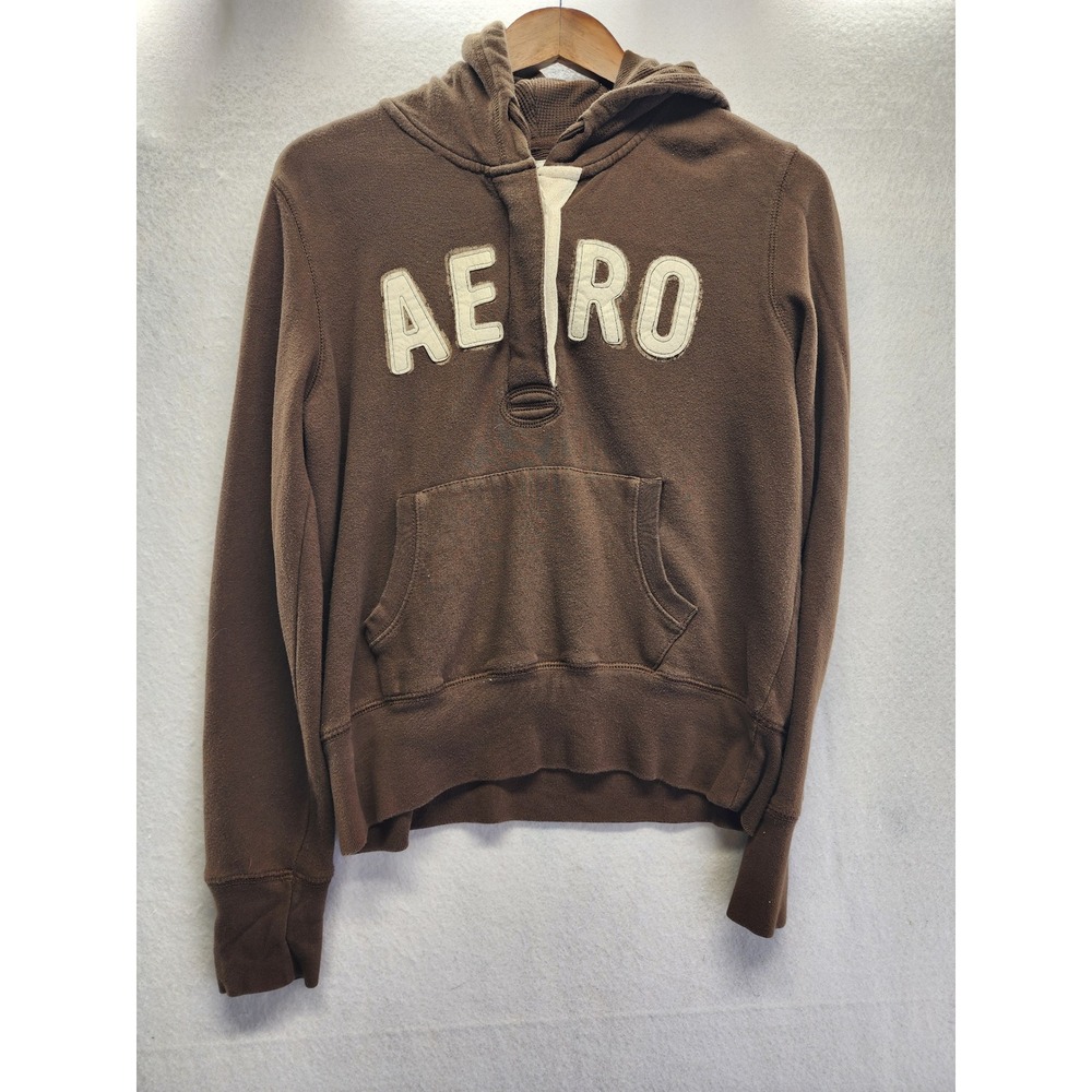 Aeropostale Womens Medium Brown Henley Hoodie Sweatshirt AERO Logo Y2K McBling‎